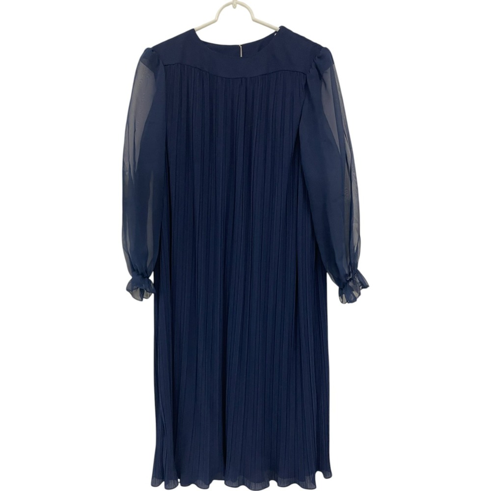 Gilberti Pleated Dress Womens XL Navy Blue‎ Solid Chiffon Long Sleeve Crew Neck